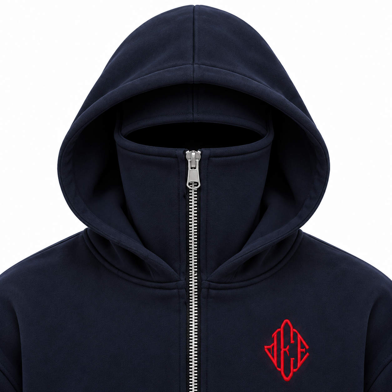 Hood zipped over nose and mouth